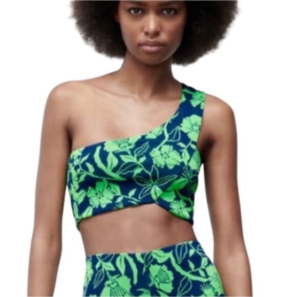 Zara NWT one shoulder top, bright green & navy blue floral print M - Picture 5 of 11